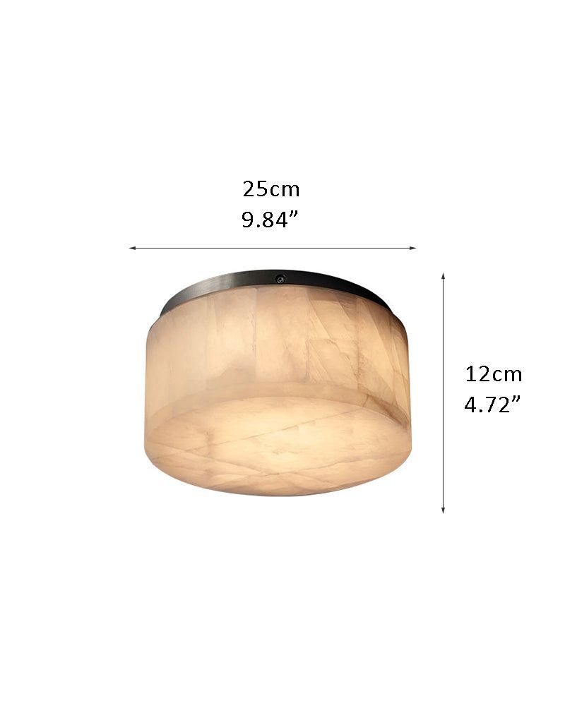 Round alabaster ceiling light with brass frame, dimensions 25cm x 12cm for modern decor.