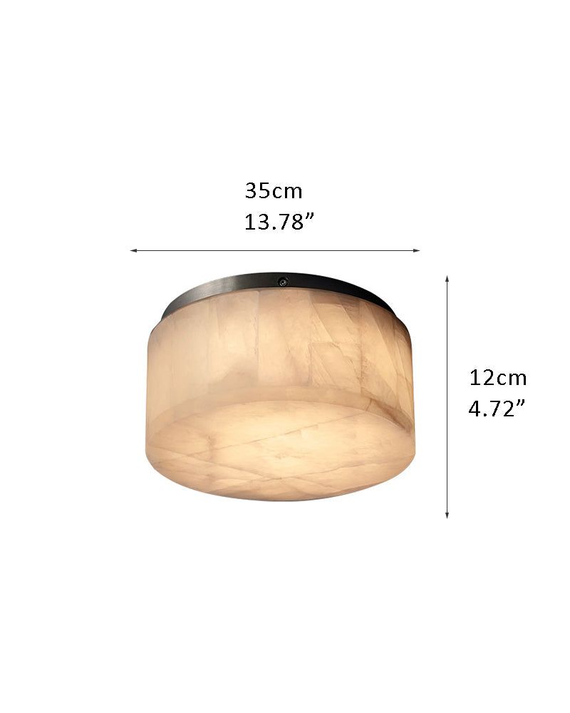 Round alabaster ceiling light with brass frame, 35cm x 12cm for contemporary interiors.