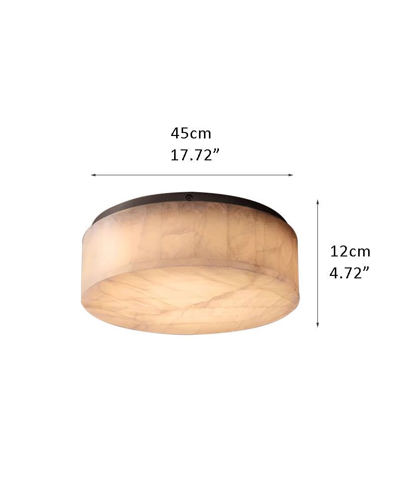 Round alabaster ceiling light with brass frame, dimensions 45cm x 12cm.