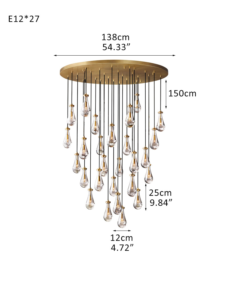 Aged Brass Floating Raindrop Hand Blown Crystal Linear Cluster Chandelier Wide 54"