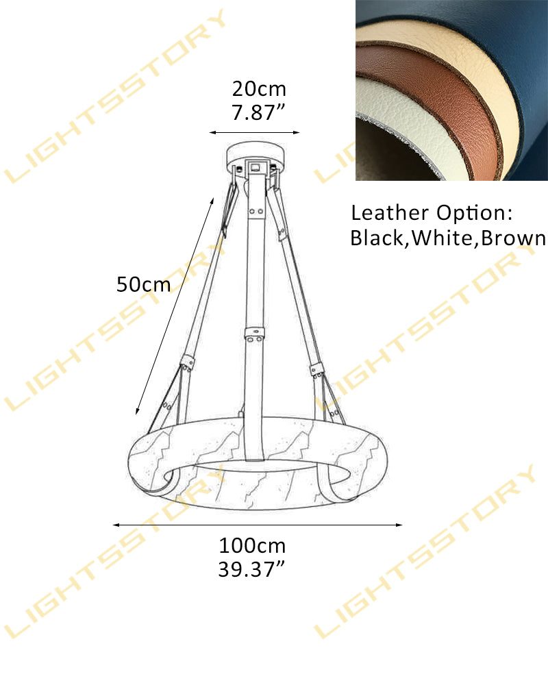 Alabaster Torus Halo Ring Leather Strap Canopy Pendant Light - Natural Spanish Alabaster, Organic Leather Trim - Kitchens, Dining & Living Rooms