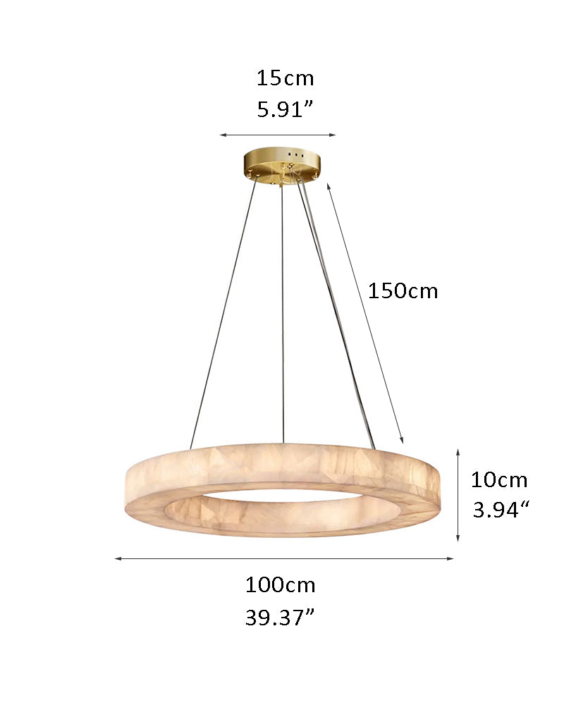 Round LED chandelier with natural cloud stone and gold fixture; adjustable height 100cm.