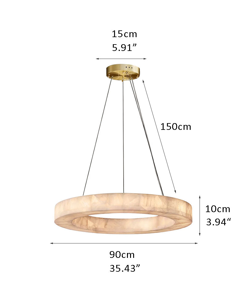 Round cloud stone LED chandelier with gold fixtures and adjustable height.