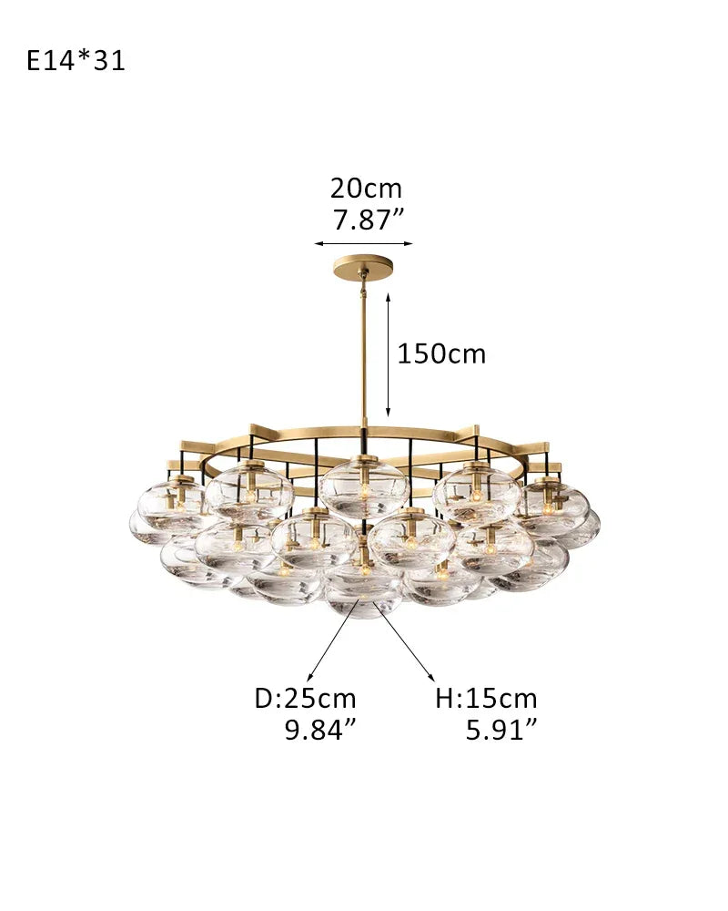 Vence Series Prismatic Chandelier | Round Clear Glass Shades with Freeform Black Cords, Polished canopy with black cord contrast for Living Rooms and Dining Areas 31-light-D152*H115CM D59.84“*H45.28" Brass American Vintage chandelier lamp