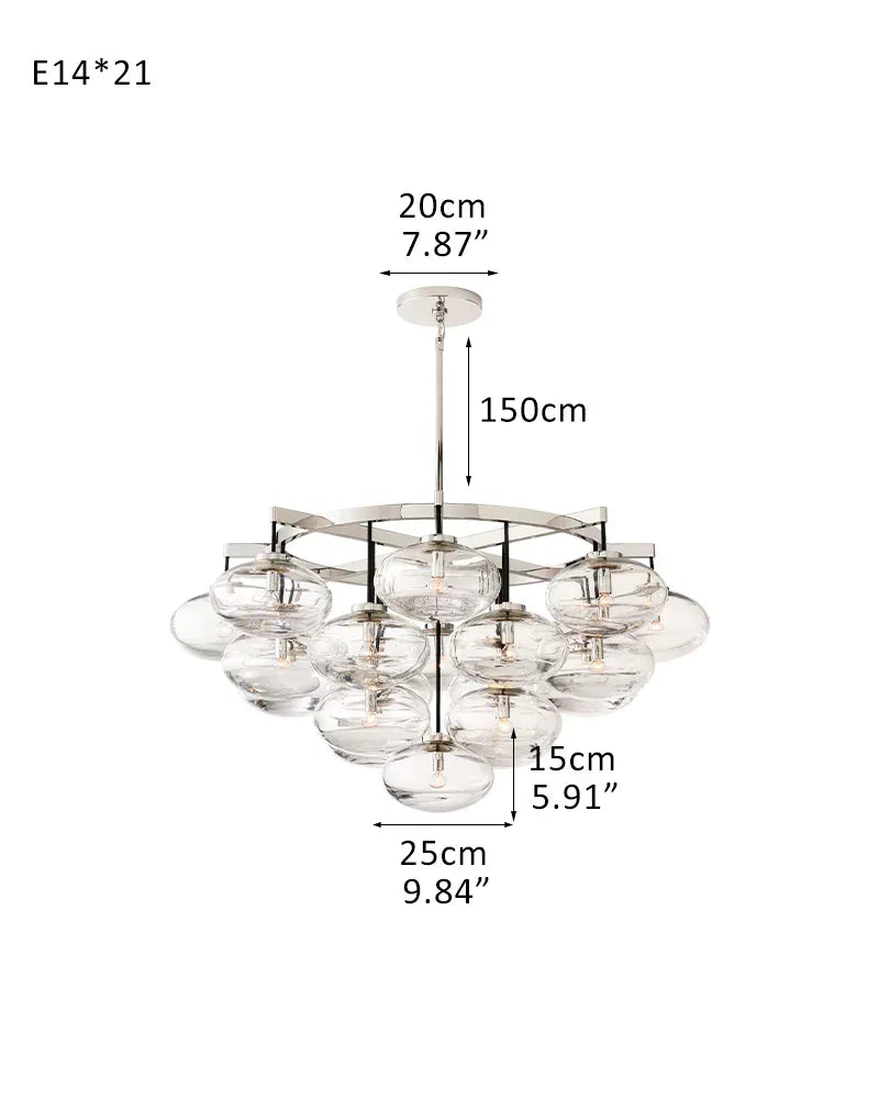 Vence Series Prismatic Chandelier | Round Clear Glass Shades with Freeform Black Cords, Polished canopy with black cord contrast for Living Rooms and Dining Areas 21-light-D122*H115CM D48.03“*H45.28" Silver American Vintage chandelier lamp
