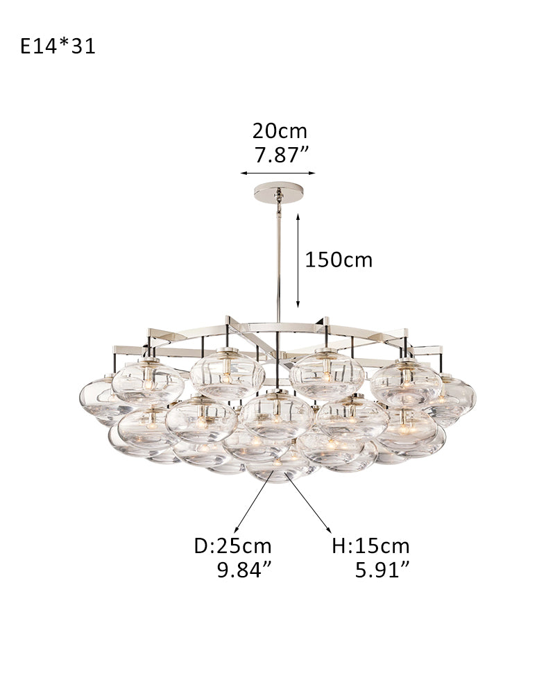 11/21/31-Light Cluster Round/Rectangle Dimming Chandelier 48“60”72" with Clear Glass shade