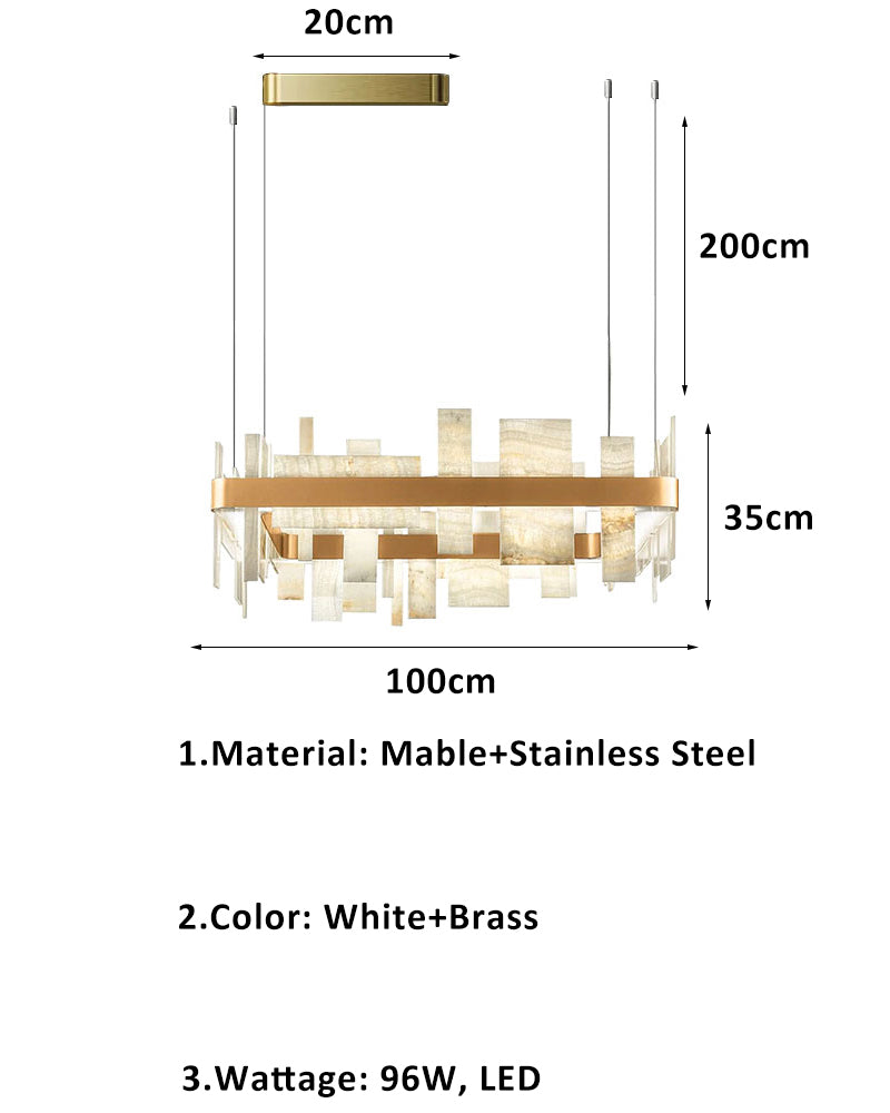 Dimensions and materials of a luxury marble slice chandelier, 100cm long, brass accent.