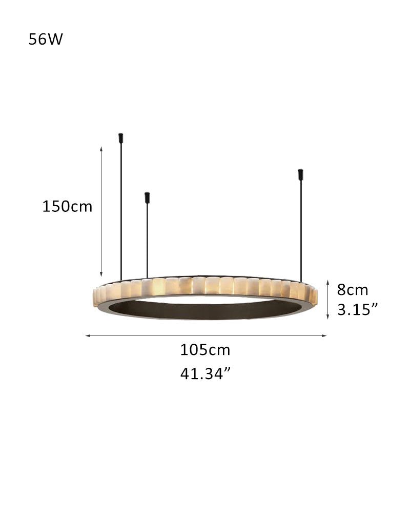 Dimensions of sleek round chandelier with 56W power and 105cm diameter for living room.