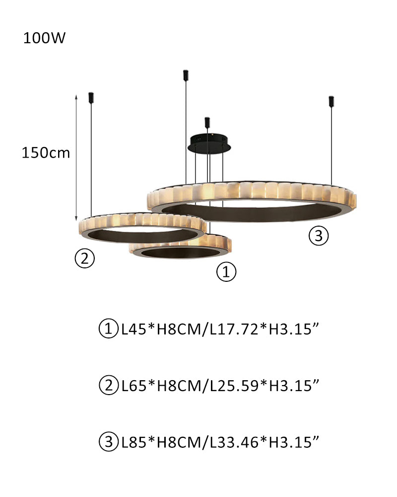 Dimensions of three-tiered round alabaster pendant lamp for modern living rooms.