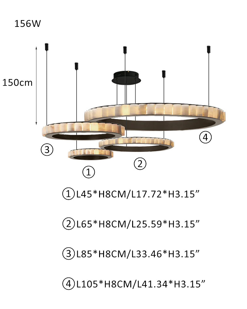 Single/Double/Triple ring pendant lamp in black steel with alabaster shadow for villa lobby living room