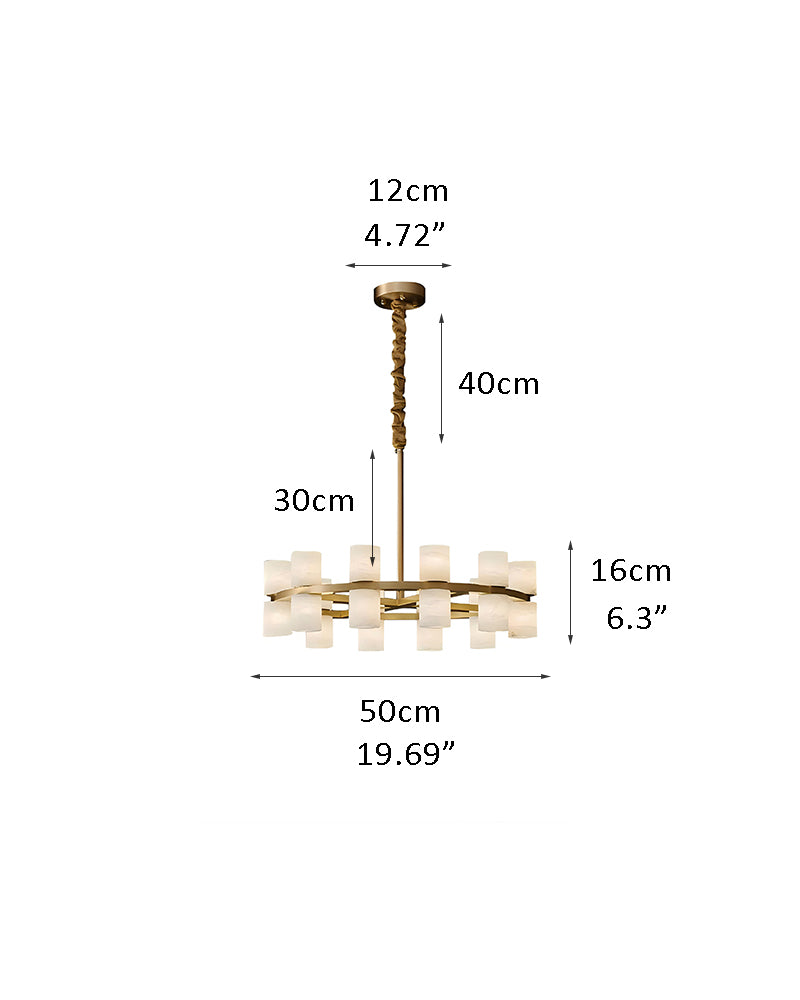 LED alabaster chandelier lamp size chart with brass details and dimensions.