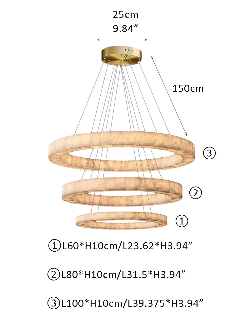 Three-layer round LED chandelier with adjustable height, gold fixtures, and natural cloud stone.