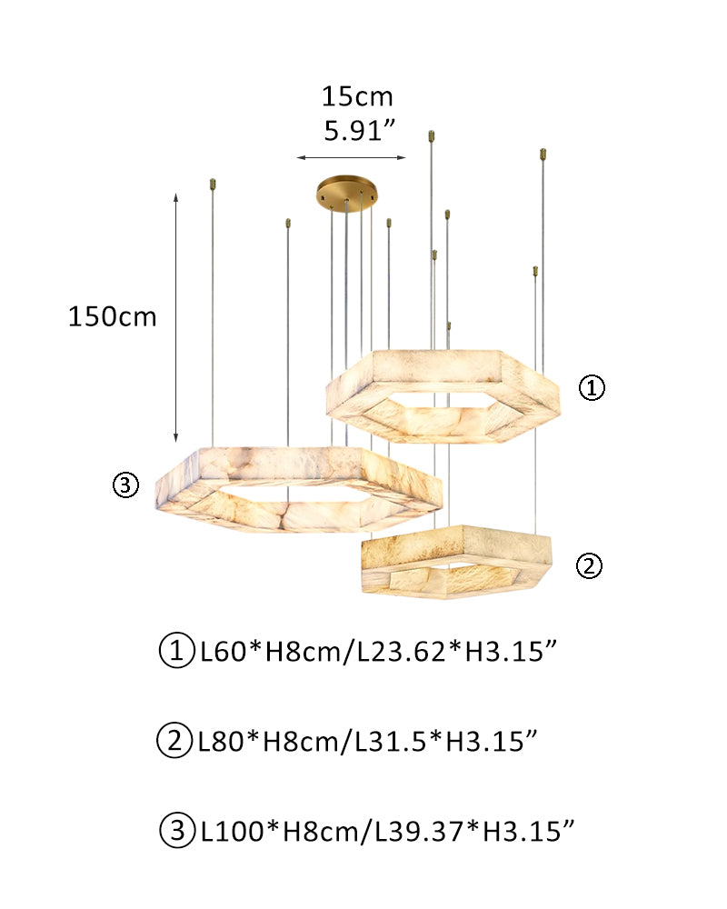 Hexagon Marble Pendant Lamp with adjustable cord & stepless dimming,20“24”31“40” Dia