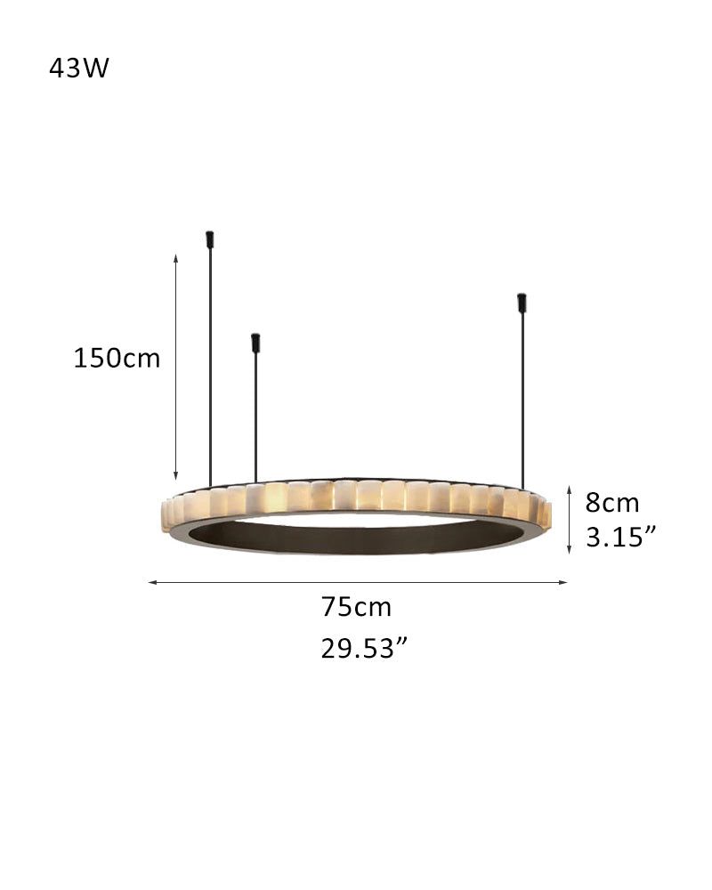 Sleek round chandelier dimensions: 75cm diameter, 150cm height, 43W power.
