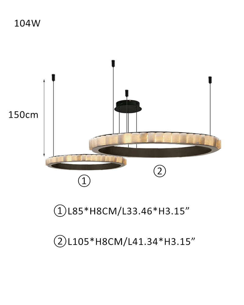 Dimensions of three-tiered round alabaster pendant lamp for modern living room.