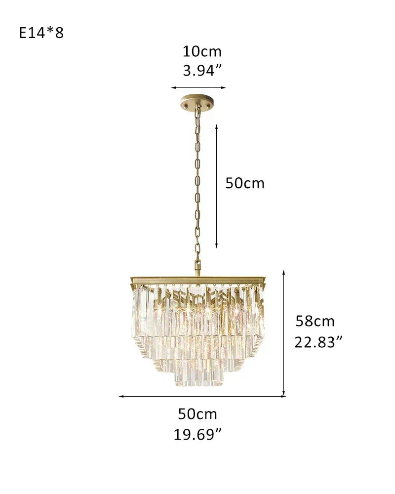 LightsStory Series Cascading Chandelier | Seven Tier Crystal Fringe Precision-cut clear triangular crystal rods and sturdy iron frame, Brushed Gold finish for Grand Foyers and Dining Rooms 3-Tier-S-D50*H58CM D19.69“*H22.83" Gold American chandelier