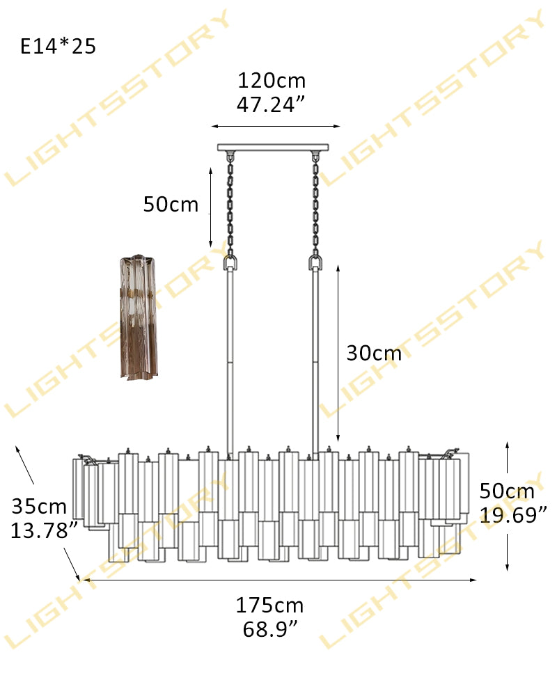 Art Unique Linear Large Murano Layered Glass Tubes Chandelier Aged Brass/Black Metal Frame