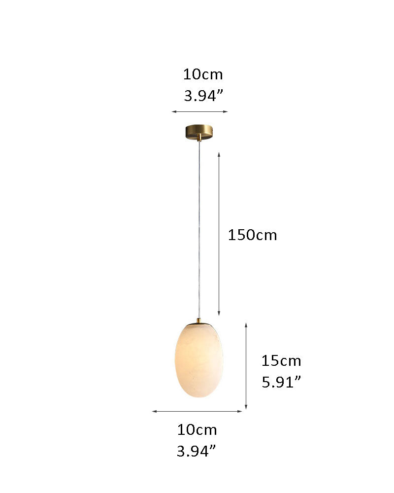 Oval white alabaster pendant lamp with gold fixtures; dimensions: 10cm x 15cm x 150cm.