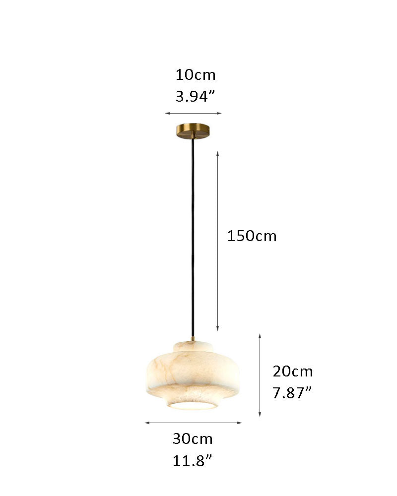 Alabaster pendant lamp with measurements displayed: 30cm diameter, 20cm height.