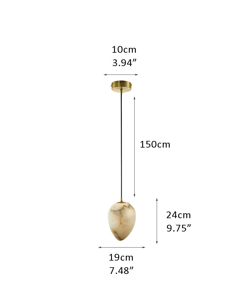 Dimensions of G9 Nature Alabaster Pebble pendant light with gold ceiling mount.