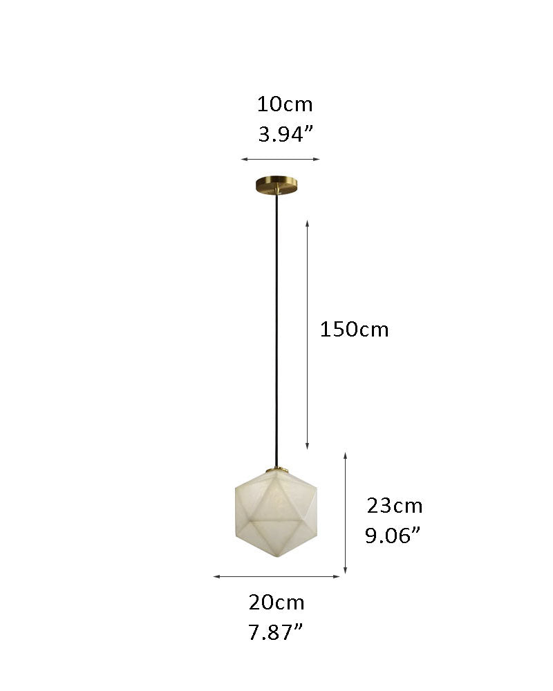 Geometric white alabaster pendant lamp with brass top, dimensions: 10cm x 150cm.