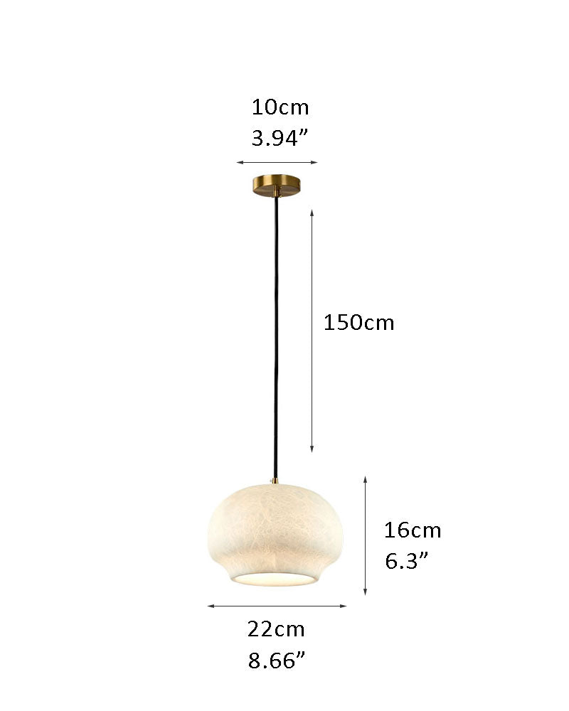 Dimensions of alabaster pendant lamp: 22cm width, 16cm height, 150cm cord length.