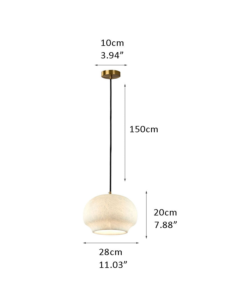 Dimensions of alabaster pendant lamp: 28cm diameter, 20cm height, 150cm cord length.