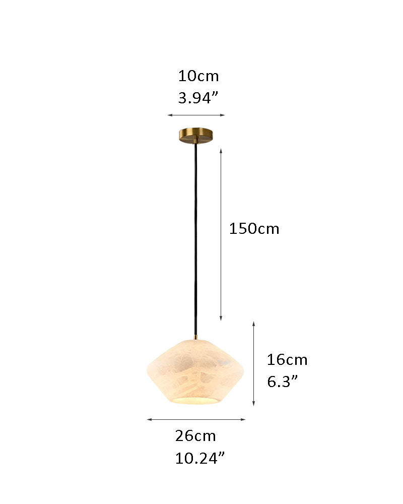 Alabaster pendant lamp with dimensions: 26cm width, 16cm height, 150cm cord length.