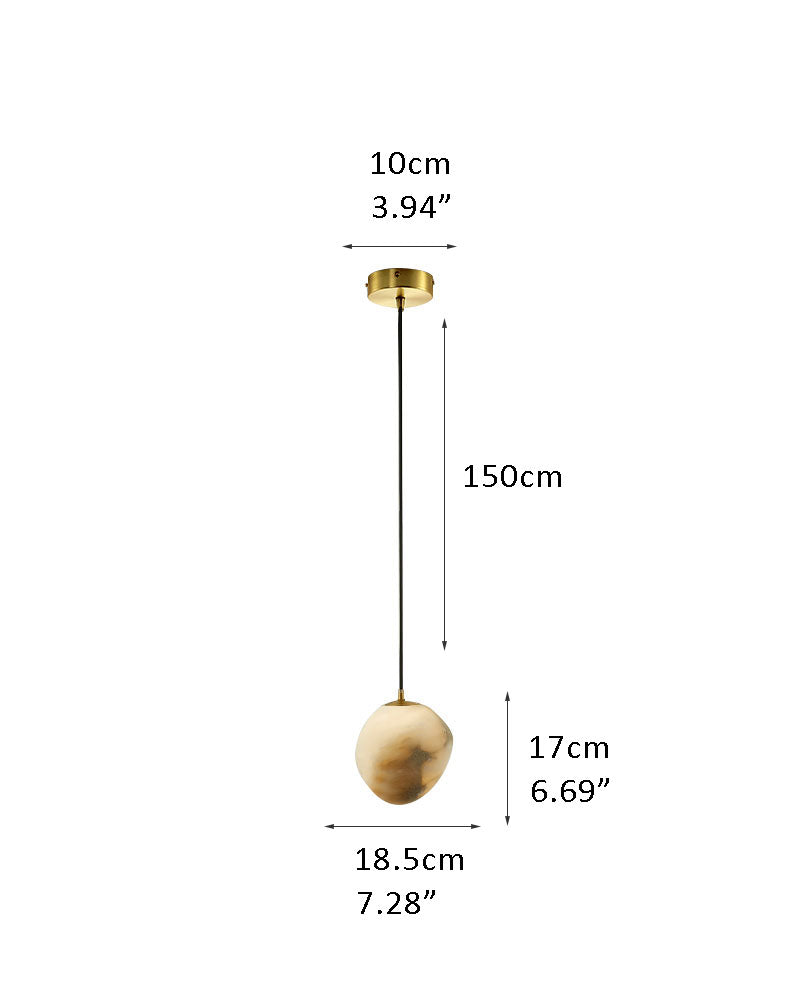 Dimensions of G9 Nature Alabaster Pebble pendant light in inches and centimeters.