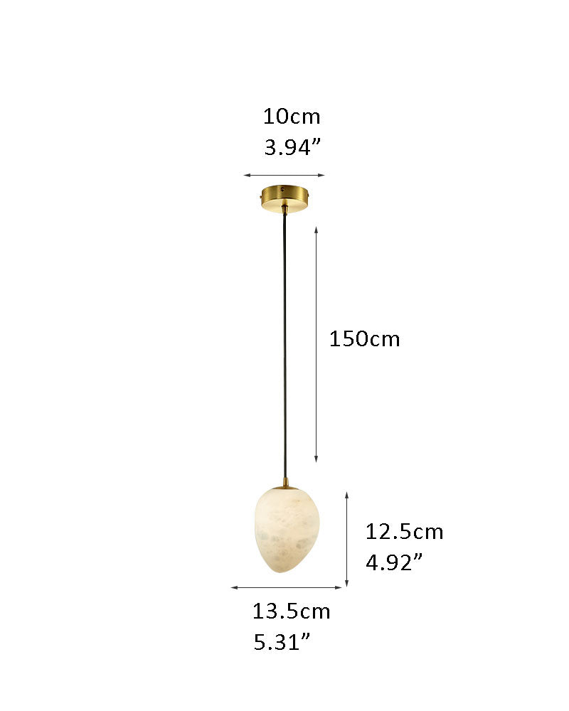 Dimensions of G9 Nature Alabaster Pebble pendant light with measurements in inches and centimeters.