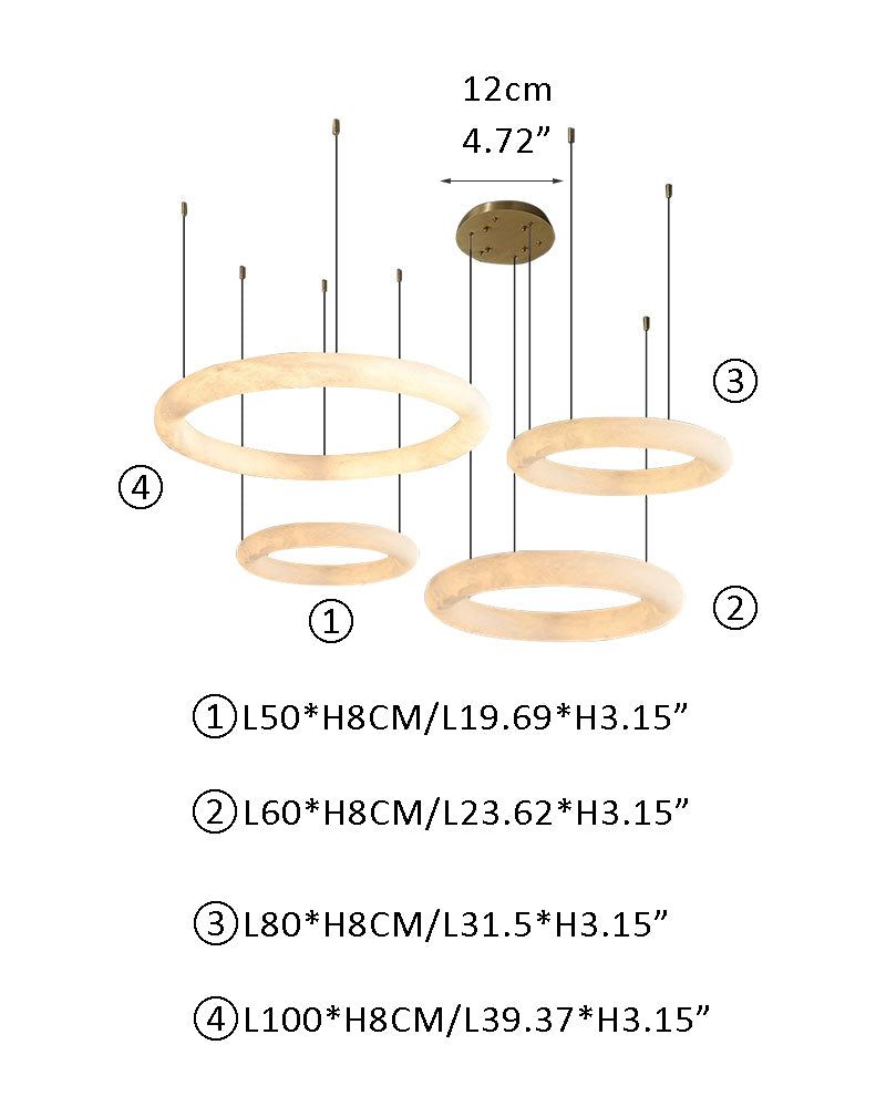 Dimensions of slim marble ring LED pendant light with three hanging rings