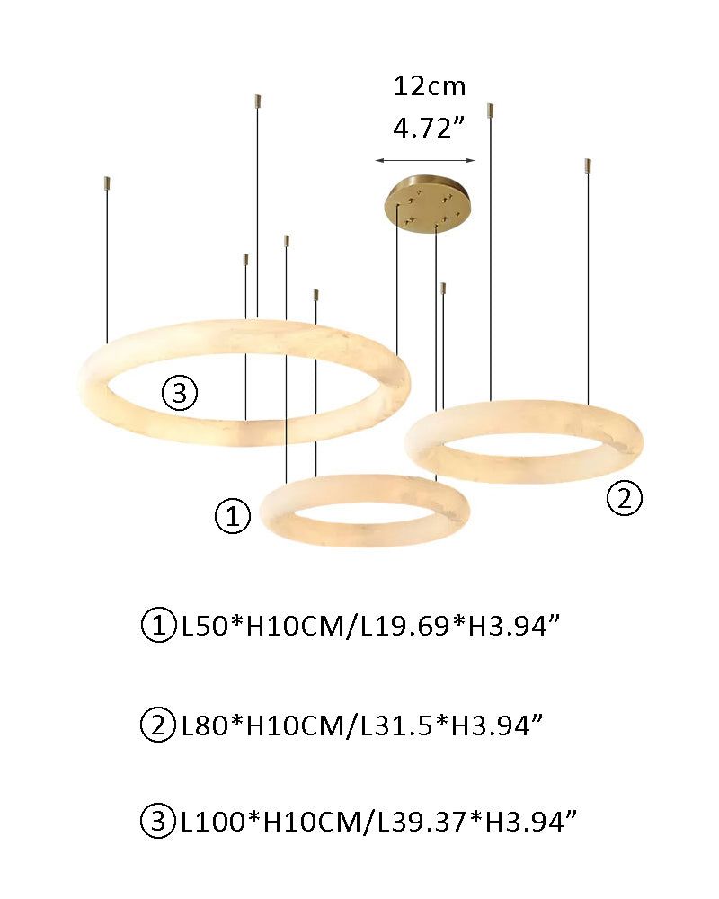 Vintage alabaster LED pendant light size chart with dimensions 50cm, 80cm, 100cm.