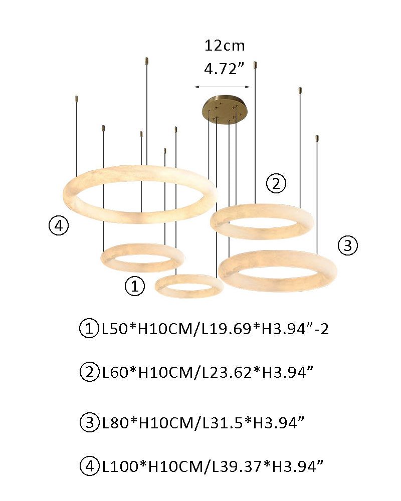 Vintage alabaster LED pendant light size chart with dimensions: 50cm to 100cm, 12cm width.