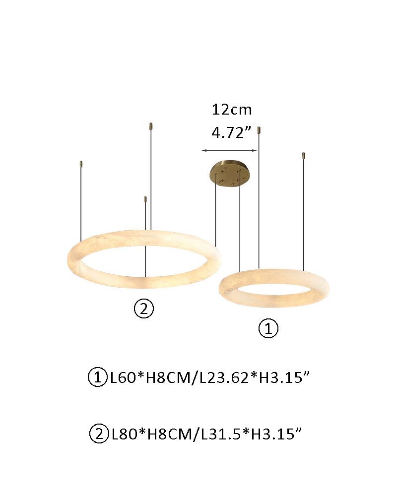 Dimensions of slim marble ring LED pendant light in inches and centimeters.