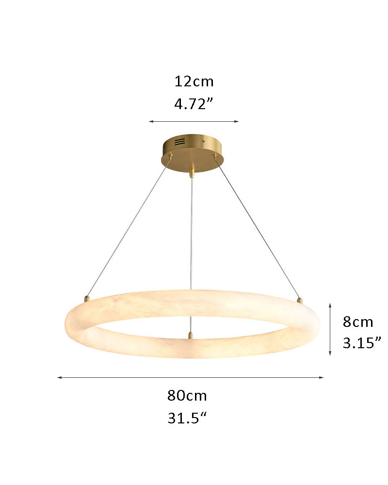 Slim marble ring LED pendant light with dimensions: 80cm x 12cm x 8cm