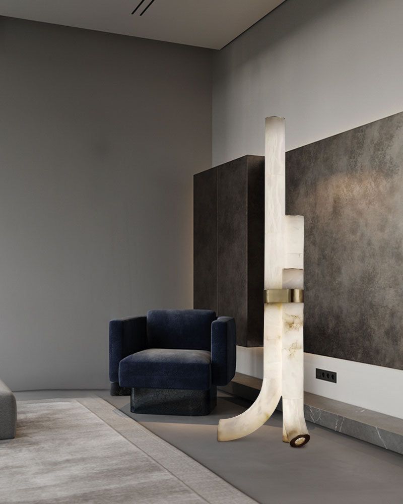Stylish white alabaster floor lamp with unique geometric design in modern living room
