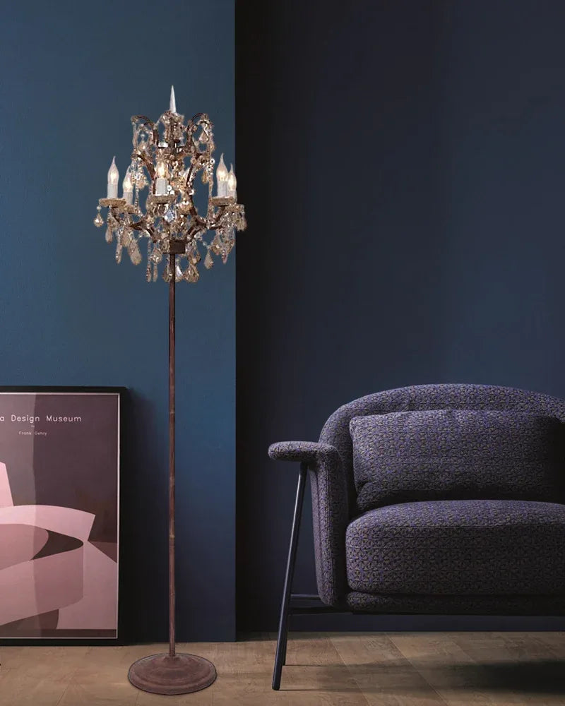 LightsStory Series Prismatic Floor Lamp | Cut Crystal Candelabra Intricate cut crystal and raw metal frame with deep brown fabric shade, Gold and Chrome contrast finish for Living rooms, bedrooms, and entryways American standing floor lamp