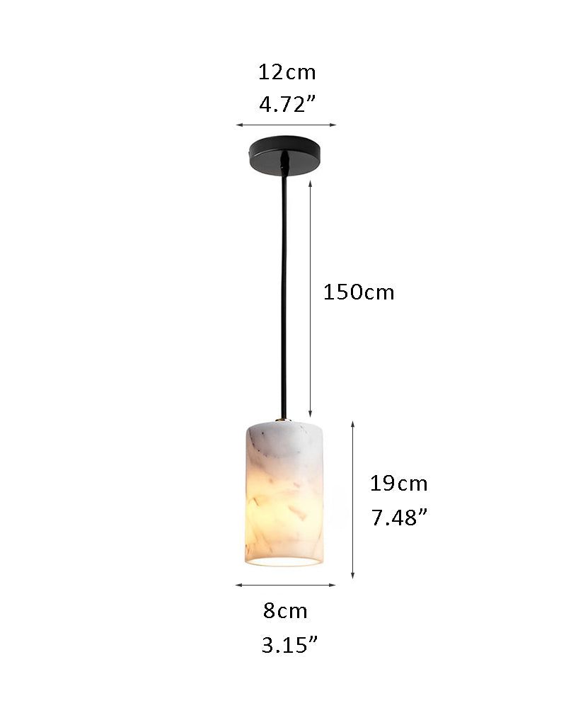 Dimensions of 8W LED cylinder marble core pendant lamp in black and white.