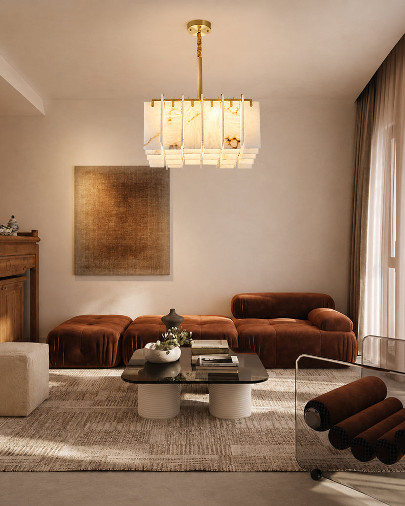 Alabaster Concentric Lattice Square Panel Chandelier - Natural Spanish Alabaster, Custom, Lux Brass Trim - Living Rooms, Bedrooms, Dining Rooms