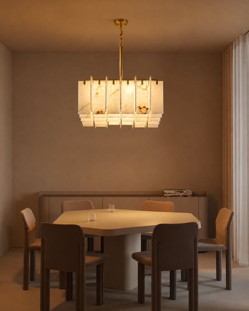 Alabaster Concentric Lattice Square Panel Chandelier - Natural Spanish Alabaster, Custom, Lux Brass Trim - Living Rooms, Bedrooms, Dining Rooms