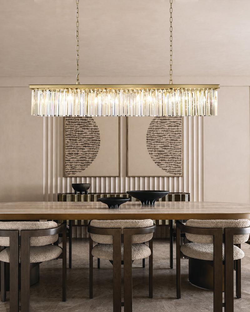Deauville K9 Crystal Multi Tiered Crystal Prism Rod Linear Chandelier - K9 Crystal, Lux Gold Trim - Kitchen Islands & Dining Rooms
