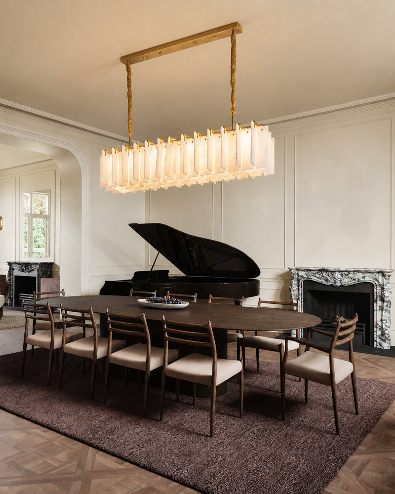 Alabaster Fluted Panel Linear Canopy Chandelier - Natural Spanish Alabaster, Heritage Brass Trim - Kitchen Islands & Dining Rooms