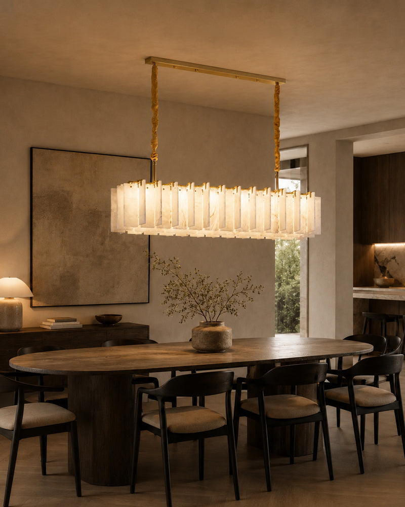 Alabaster Fluted Panel Linear Canopy Chandelier - Natural Spanish Alabaster, Heritage Brass Trim - Kitchen Islands & Dining Rooms