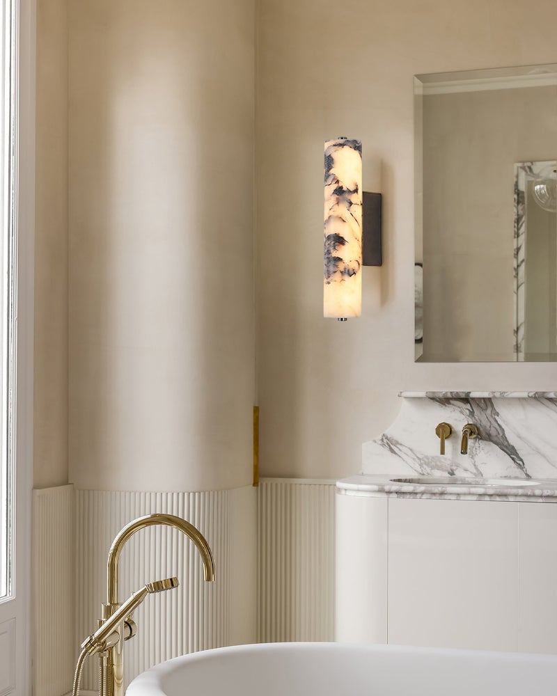Adrian Series Geometric Wall Sconce | Cylindrical Nature Texture Natural black marble with unique veining and brass metal, Frosted Black and Brass finish for Bedrooms, living rooms, and hallways Modern Art Design Wall Lamp