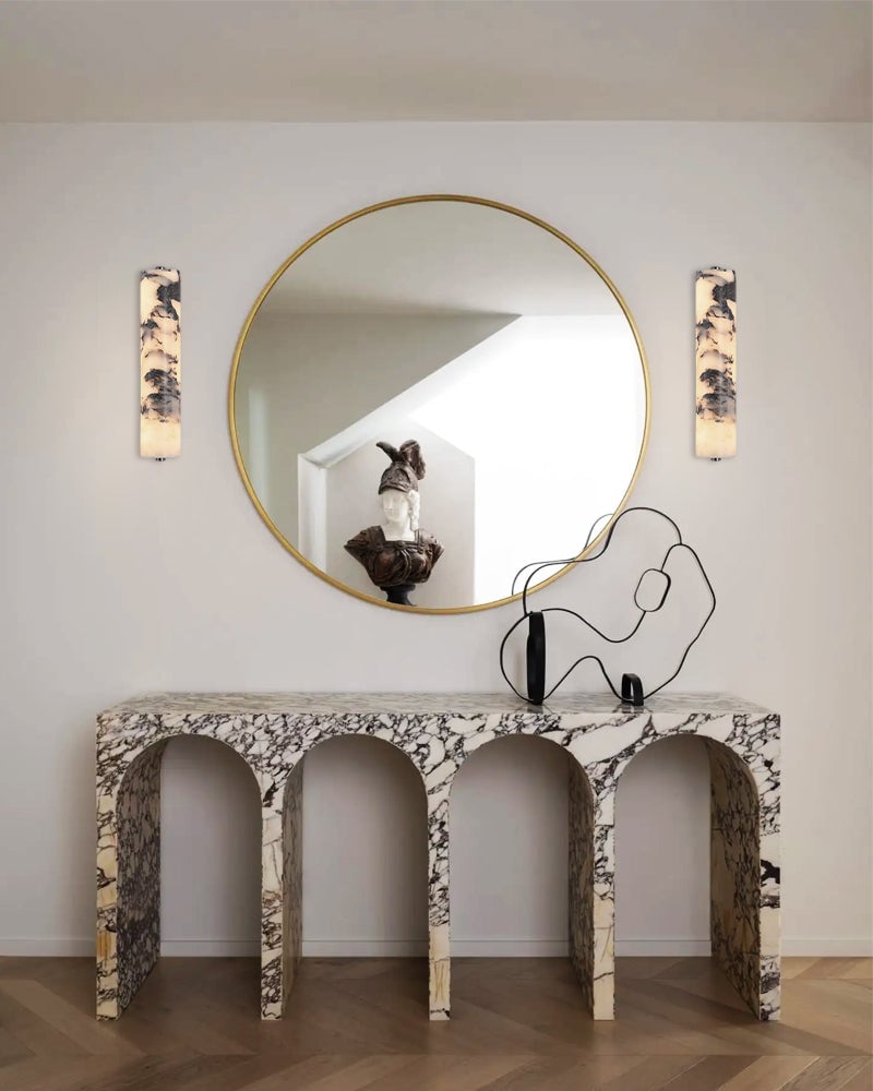 Adrian Series Geometric Wall Sconce | Cylindrical Nature Texture Natural black marble with unique veining and brass metal, Frosted Black and Brass finish for Bedrooms, living rooms, and hallways Modern Art Design Wall Lamp