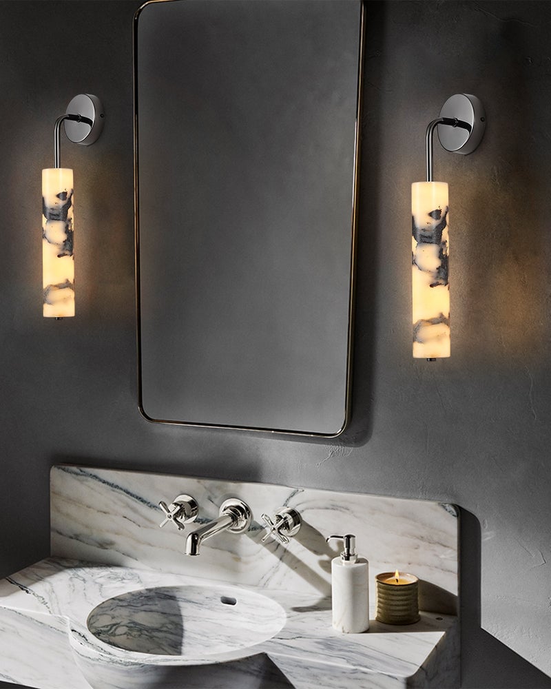 Adrian Series Geometric Wall Sconce | Cylindrical Nature Texture Natural black marble with unique veining and brass metal, Frosted Black and Brass finish for Bedrooms, living rooms, and hallways Modern Art Design Wall Lamp