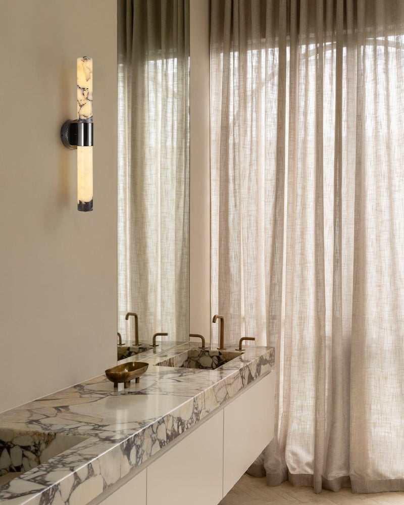 Adrian Series Geometric Wall Sconce | Cylindrical Nature Texture Natural black marble with unique veining and brass metal, Frosted Black and Brass finish for Bedrooms, living rooms, and hallways Modern Art Design Wall Lamp