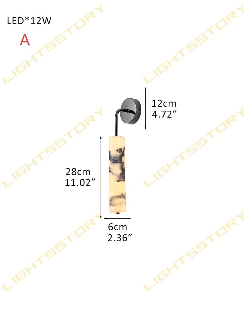 Adrian Series Geometric Wall Sconce | Cylindrical Nature Texture Natural black marble with unique veining and brass metal, Frosted Black and Brass finish for Bedrooms, living rooms, and hallways D6*H28CM D2.36"*H11.02"-A Black + White Modern Art Design Wall Lamp
