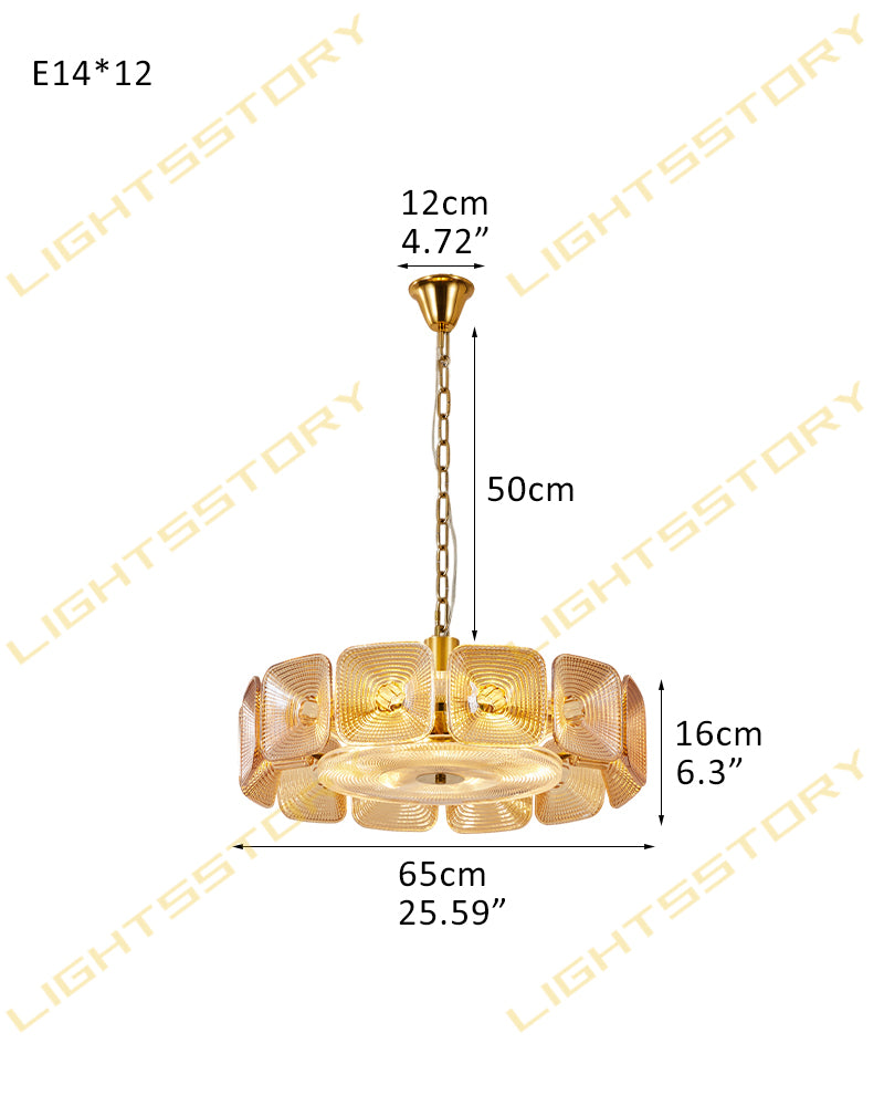 Ghiaccio Amber Glass Tinted Disc Halo Drum Chandelier - Artisanal Glass, Lux Gold Trim - Living Rooms, Bedrooms, Dining Rooms