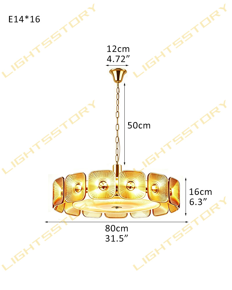 Ghiaccio Amber Glass Tinted Disc Halo Drum Chandelier - Artisanal Glass, Lux Gold Trim - Living Rooms, Bedrooms, Dining Rooms